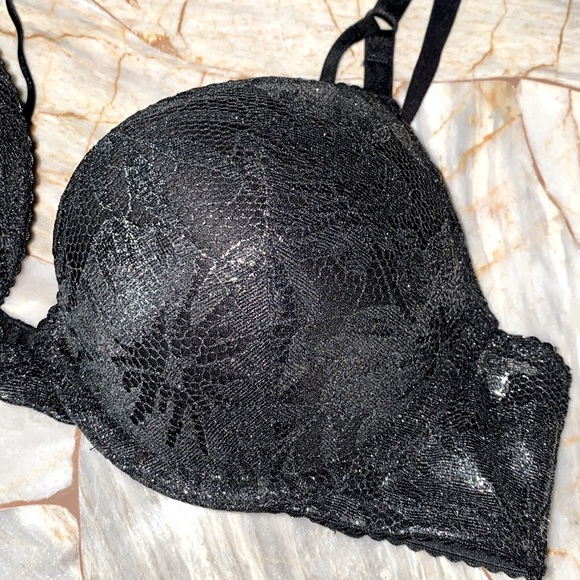 32B Small  2 Pc Set Very Sexy Push-Up Bra + thong panty black shimmer lace - Picture 2 of 8